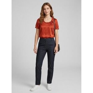 DKNYC Women Red 100% Silk Ruffle Neck Tie Short Sleeve Blouse Top